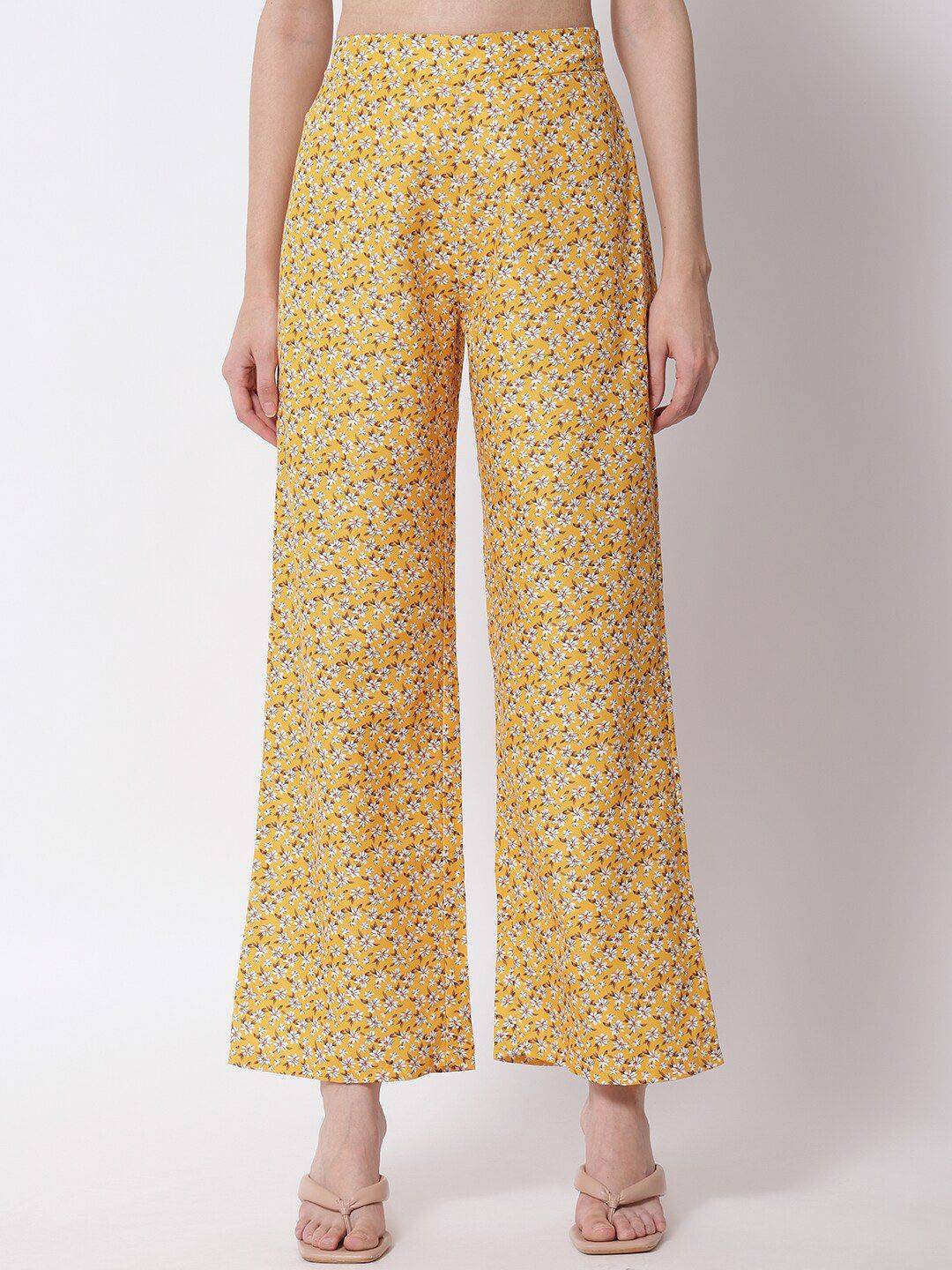 Kotty Women Mustard Yellow Floral Printed Relaxed High-Rise Easy Wash Trousers
