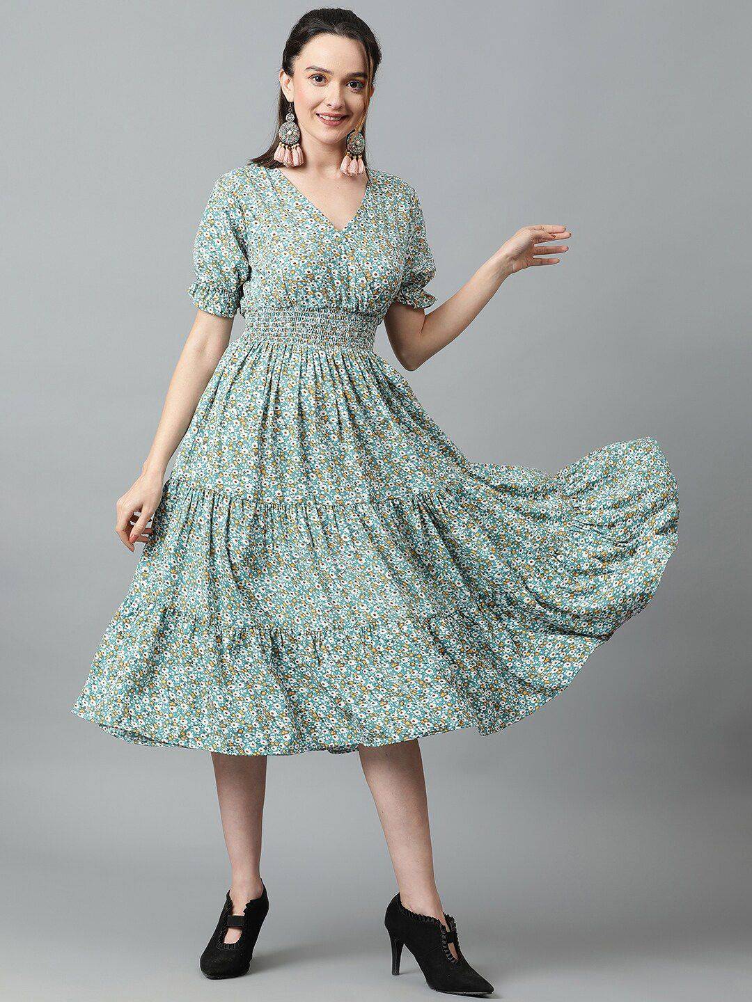Kotty Floral Printed V-Neck Puff Sleeve Layered Crepe Fit & Flare Midi Dress