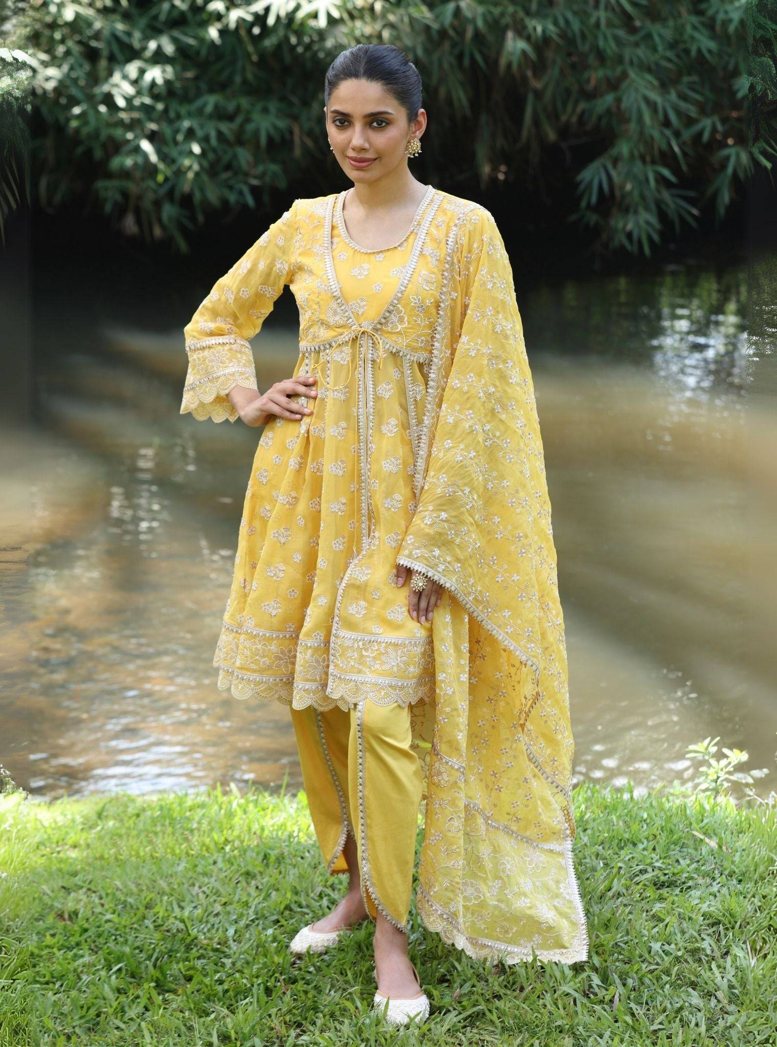 Gaatha Organza Yellow Short Anarkali Kurta Set