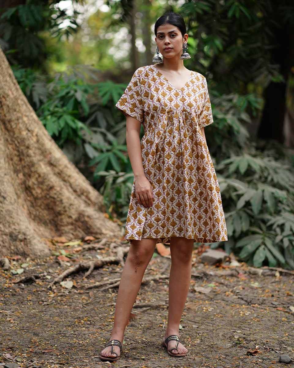 Tu Dilruba Ivory Block Printed Cotton Dress - WW