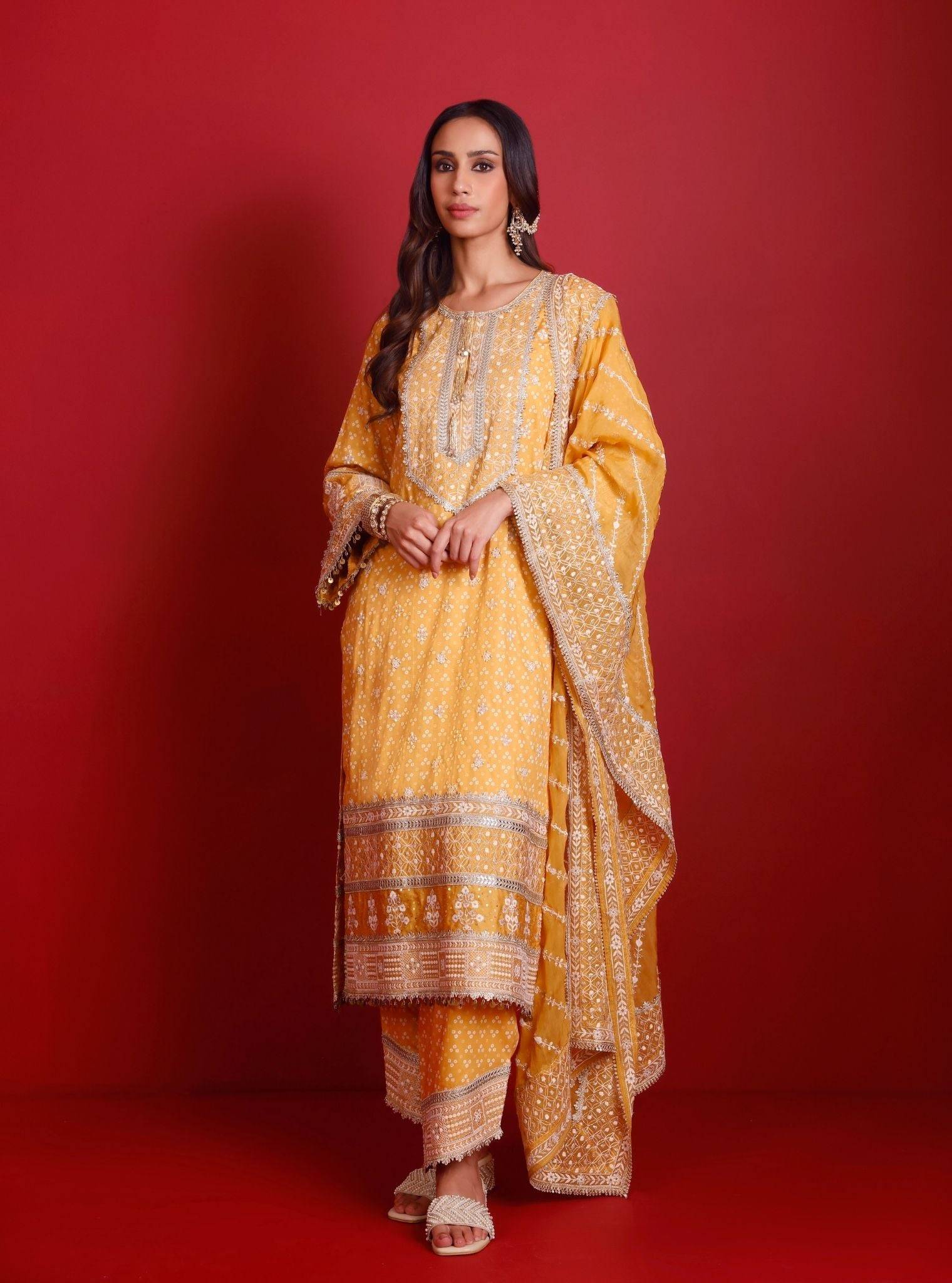 Lari Pima Satin Printed Mustard Kurta Set