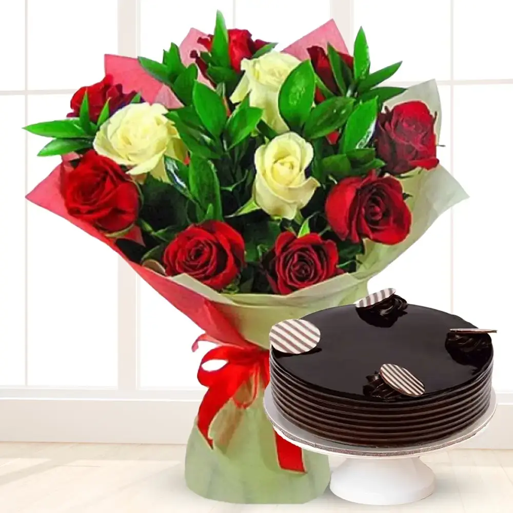Bouquet of Red & White Roses with Cake