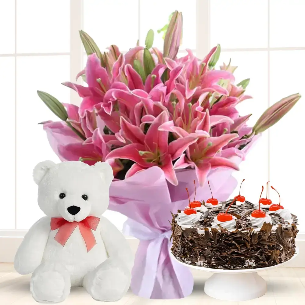 Bouquet of Pink Lilies, Cake & Teddy