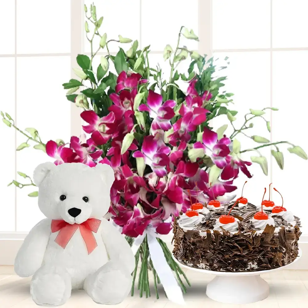 Purple Orchids Bouquet With Cake & Teddy