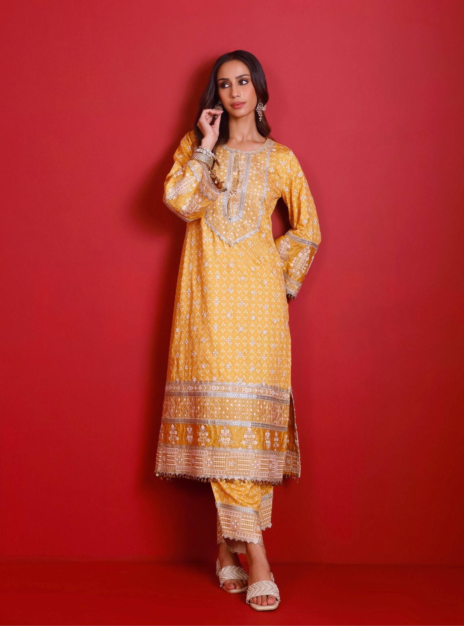 Lari Pima Satin Printed Mustard Kurta Set