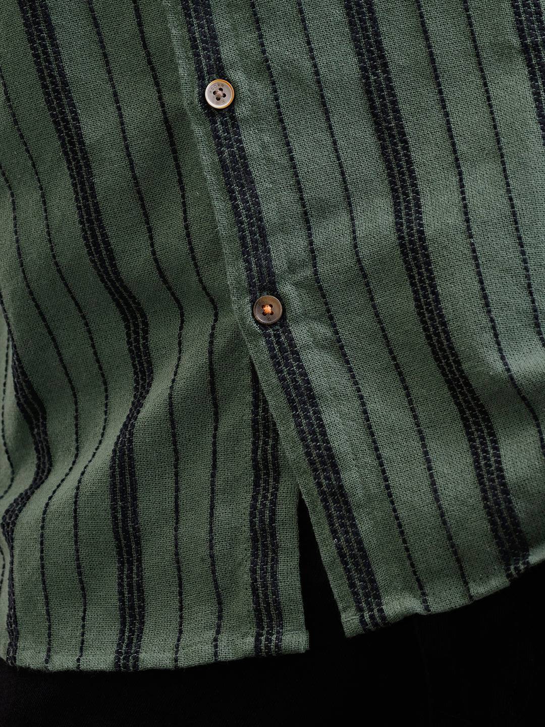 Slim Fit Stripe Shirt In Chenille Yarn | Olive