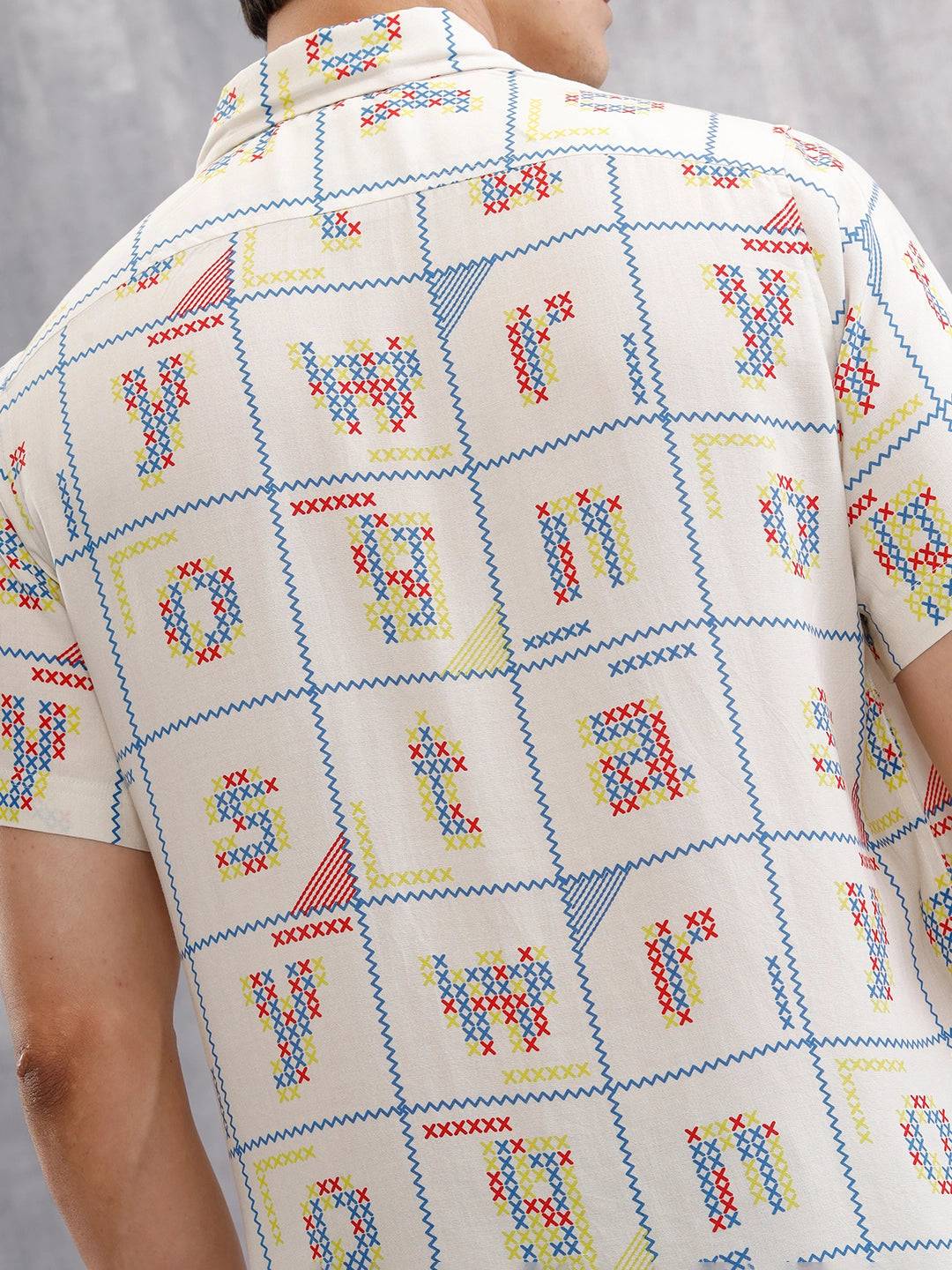 Fluid Viscose Shirt With Cross Stitch Inspired Aop  |  White