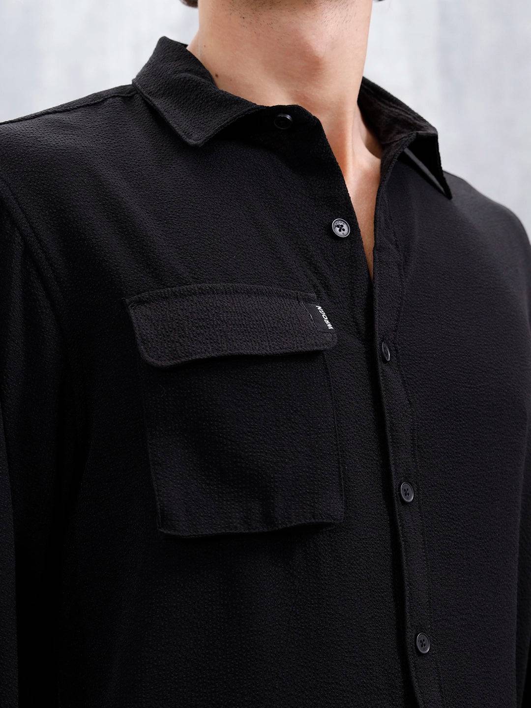 Comfort Fit Solid Shirt With Utility Pockets | Black