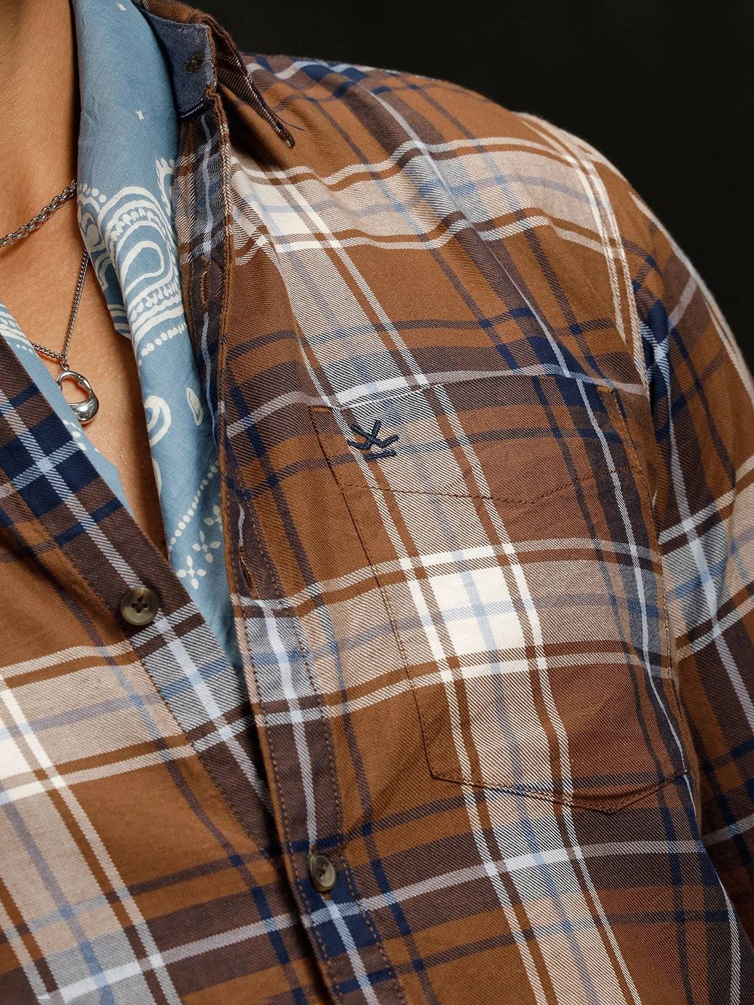 Cotton Twill Checked Shirt | Brown