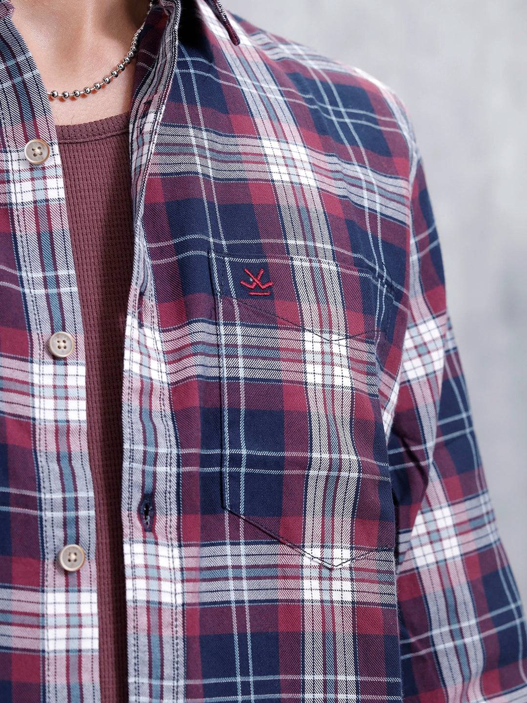 Slim Fit Cotton Indigo Twill Check Shirt | Maroon