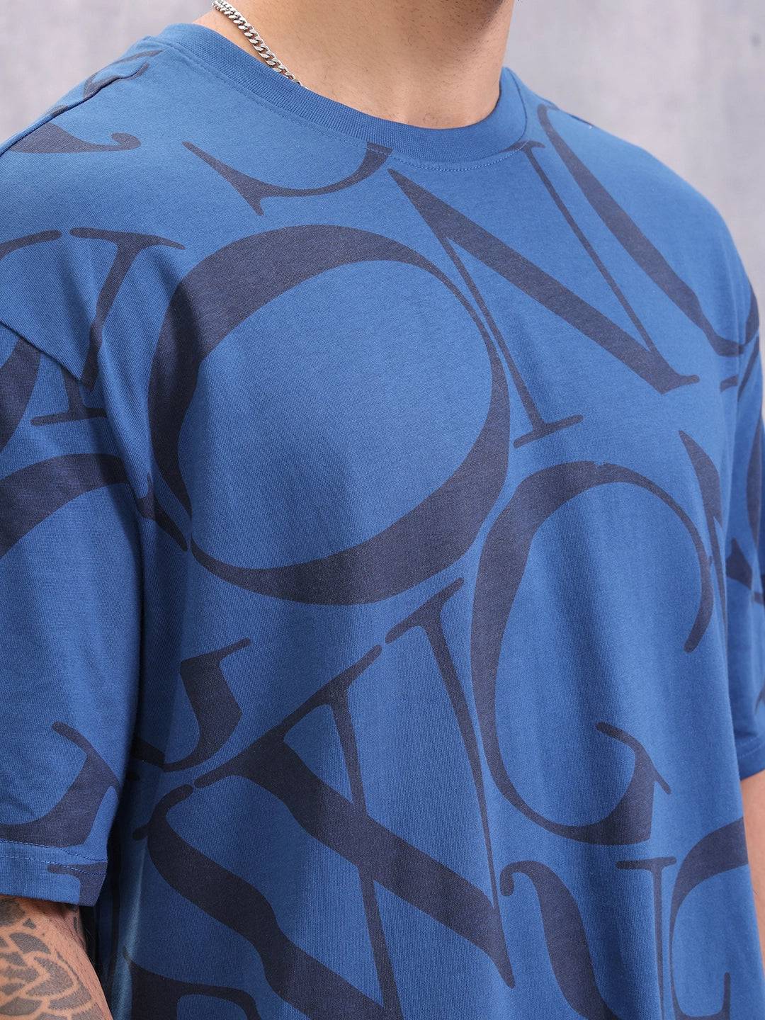 Typo Inspired Tonal Aop Oversized Fit T-shirt | Dark Blue
