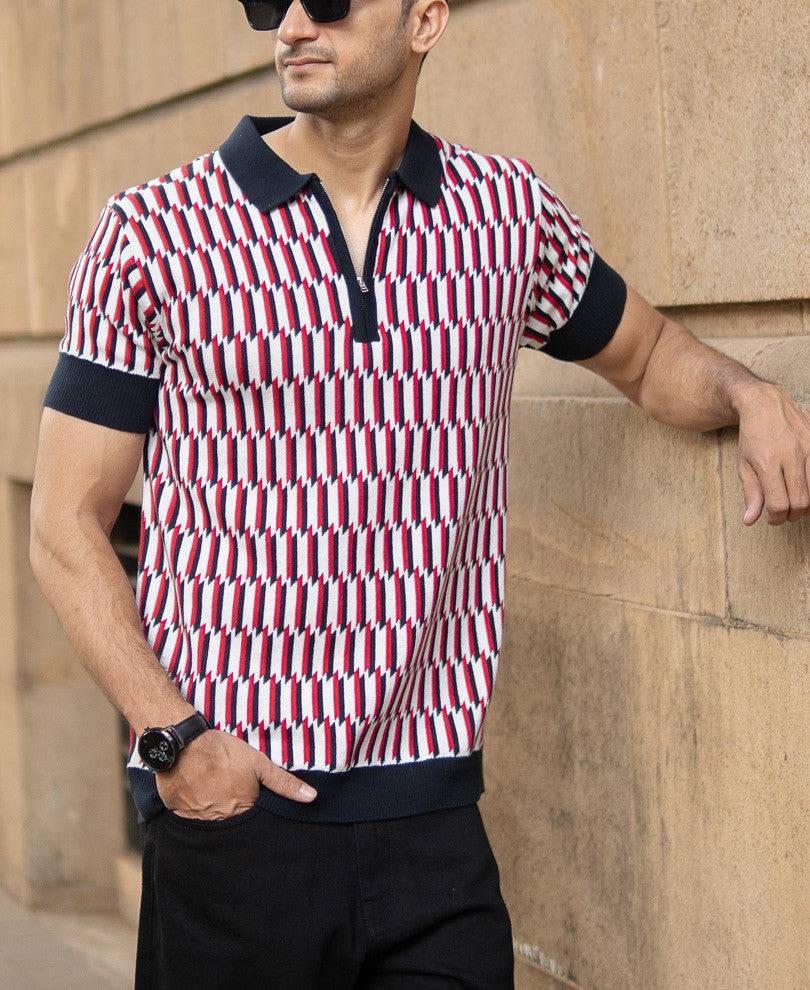 Multicolour Jacquard Knit Polo T-Shirt Buy @ ₹499