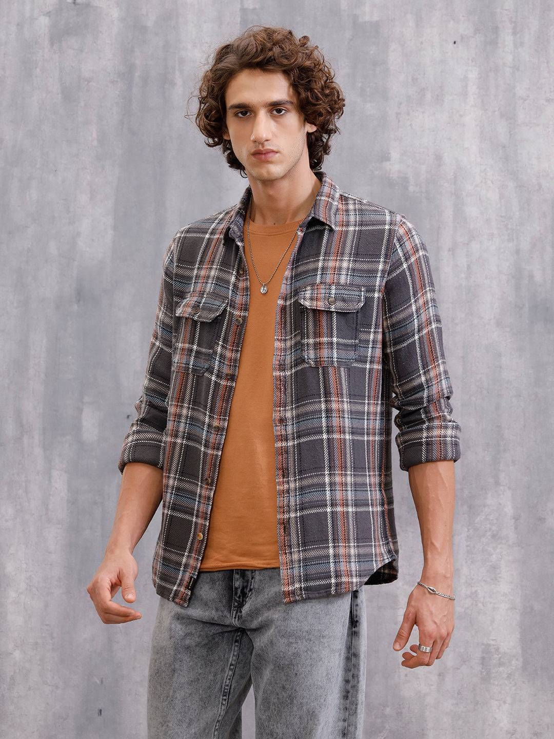 Textured Utility Check Shirt In Slim Fit  | Dark Grey