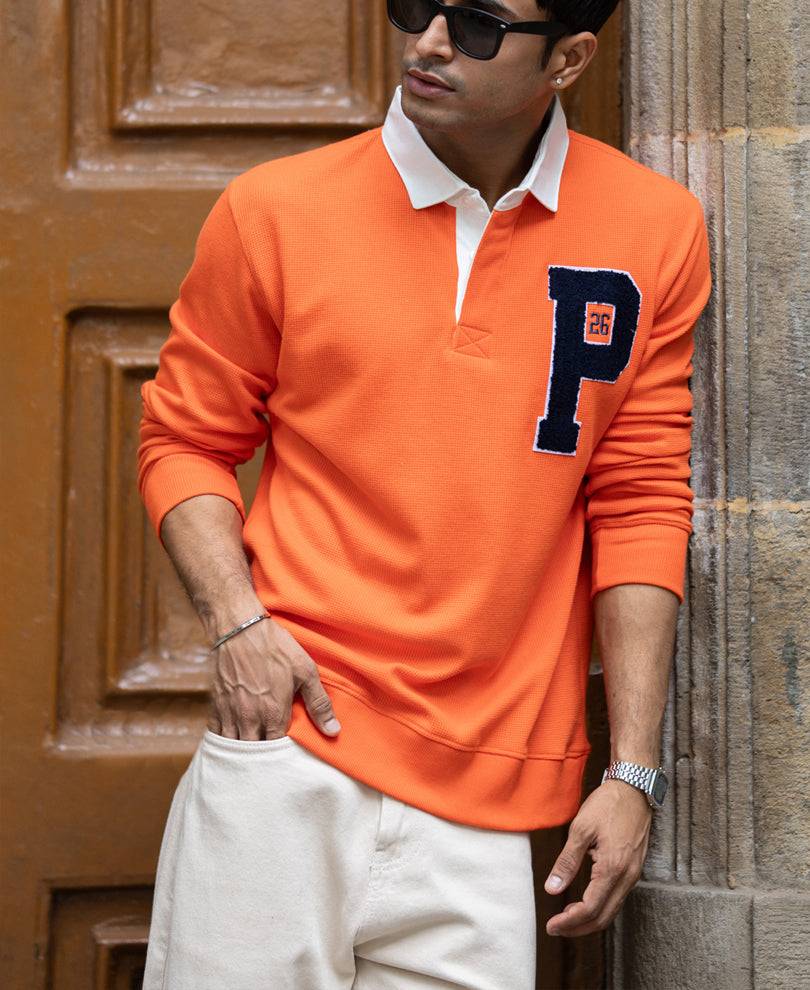 Orange Polo Collar Oversize Drop Shoulder Sweatshirt Buy @ ₹1199