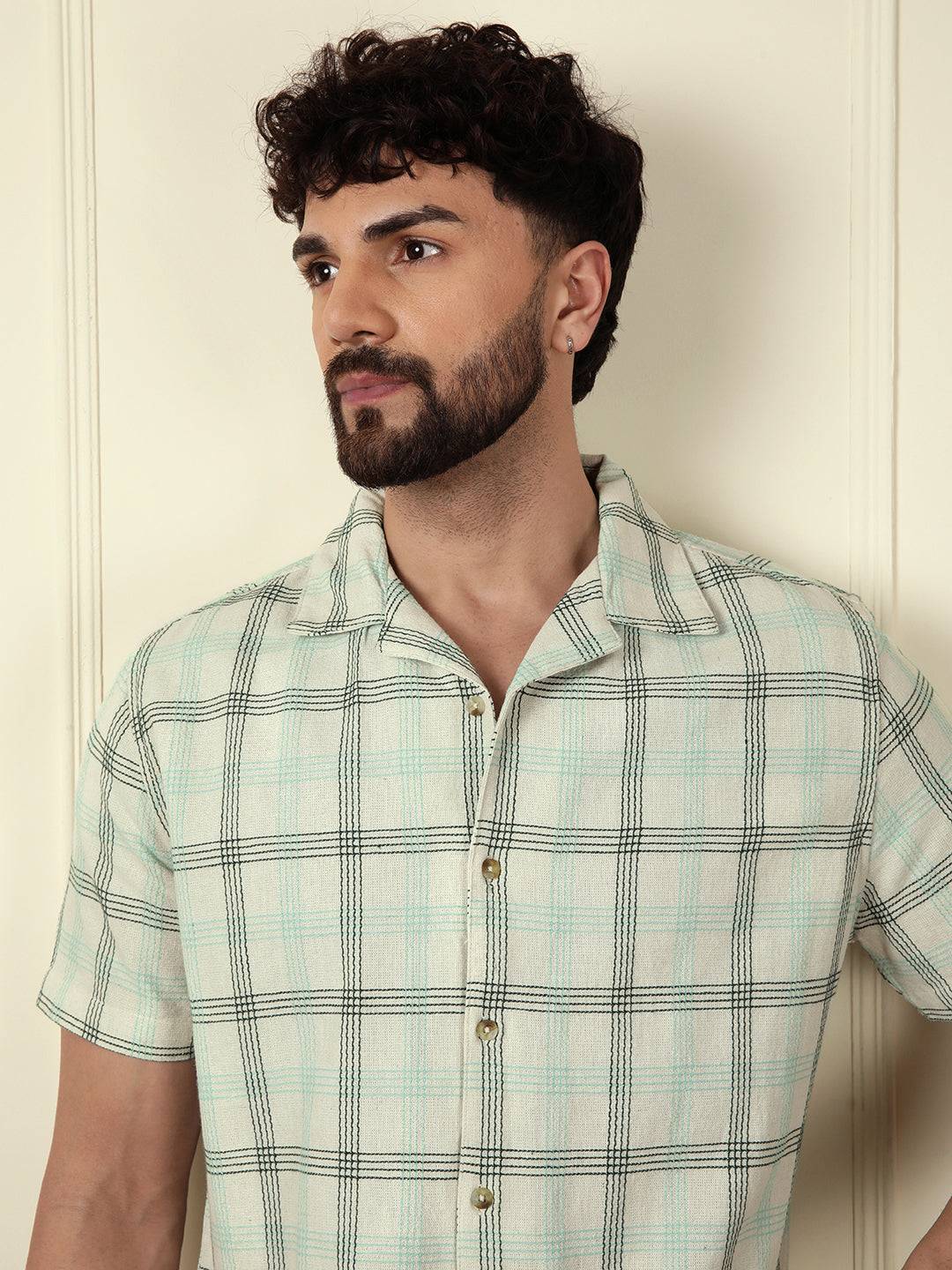 Textured Short Sleeve Checked Shirt | Light Green