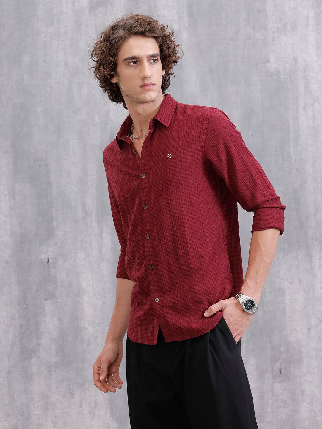 Modal Blend Seersucker Shirt In Slim Fit | Dark Maroon