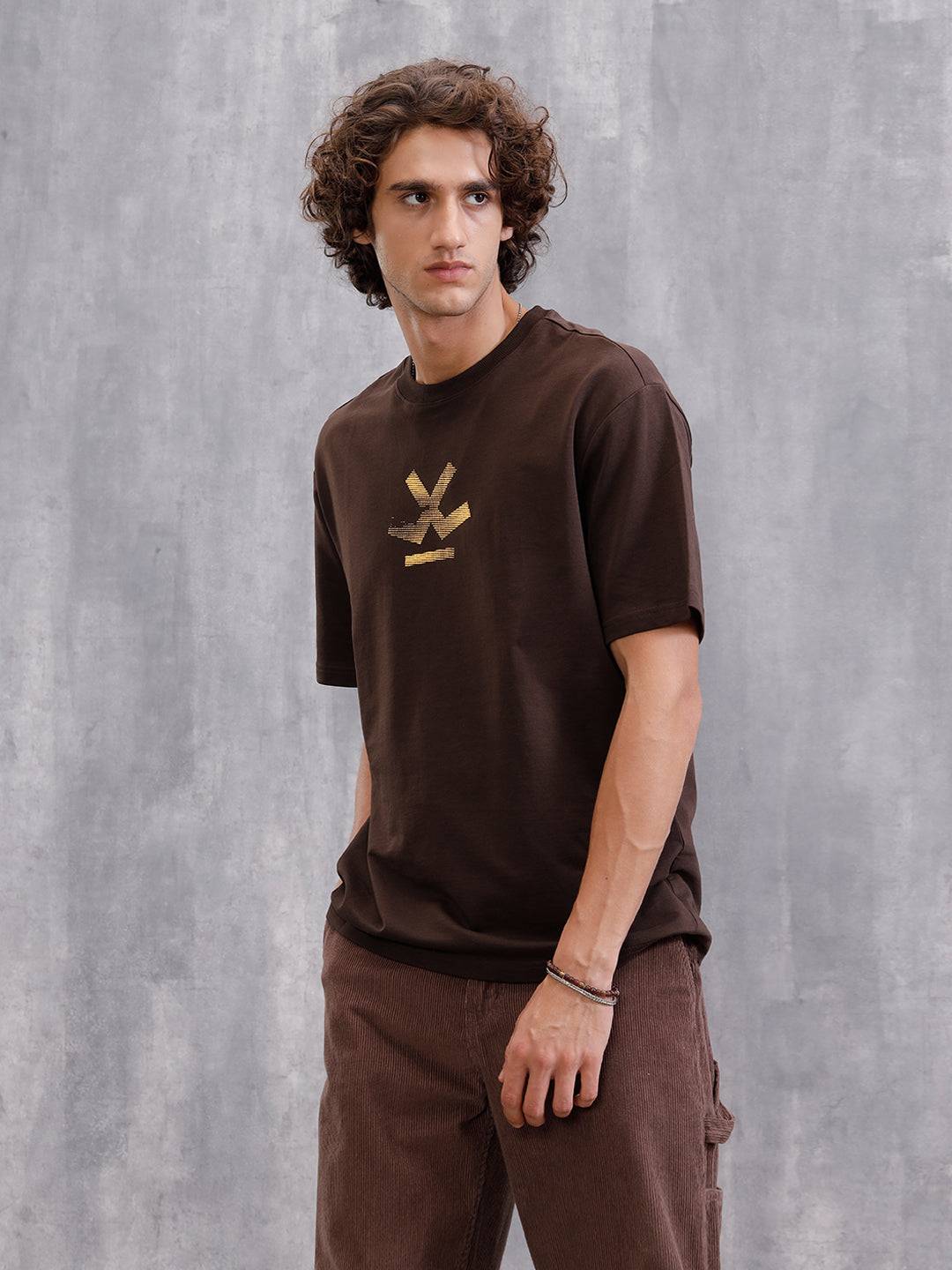 Tribal Mask Oversized Back Print Crew Neck T-Shirt | Brown