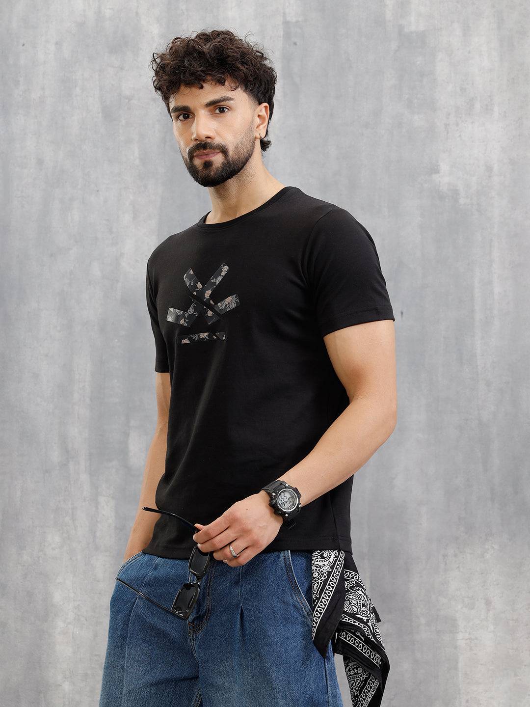 Premium Interlock Base With Dark Floral Logo Brand Carrier Crew Neck T-Shirt | Black