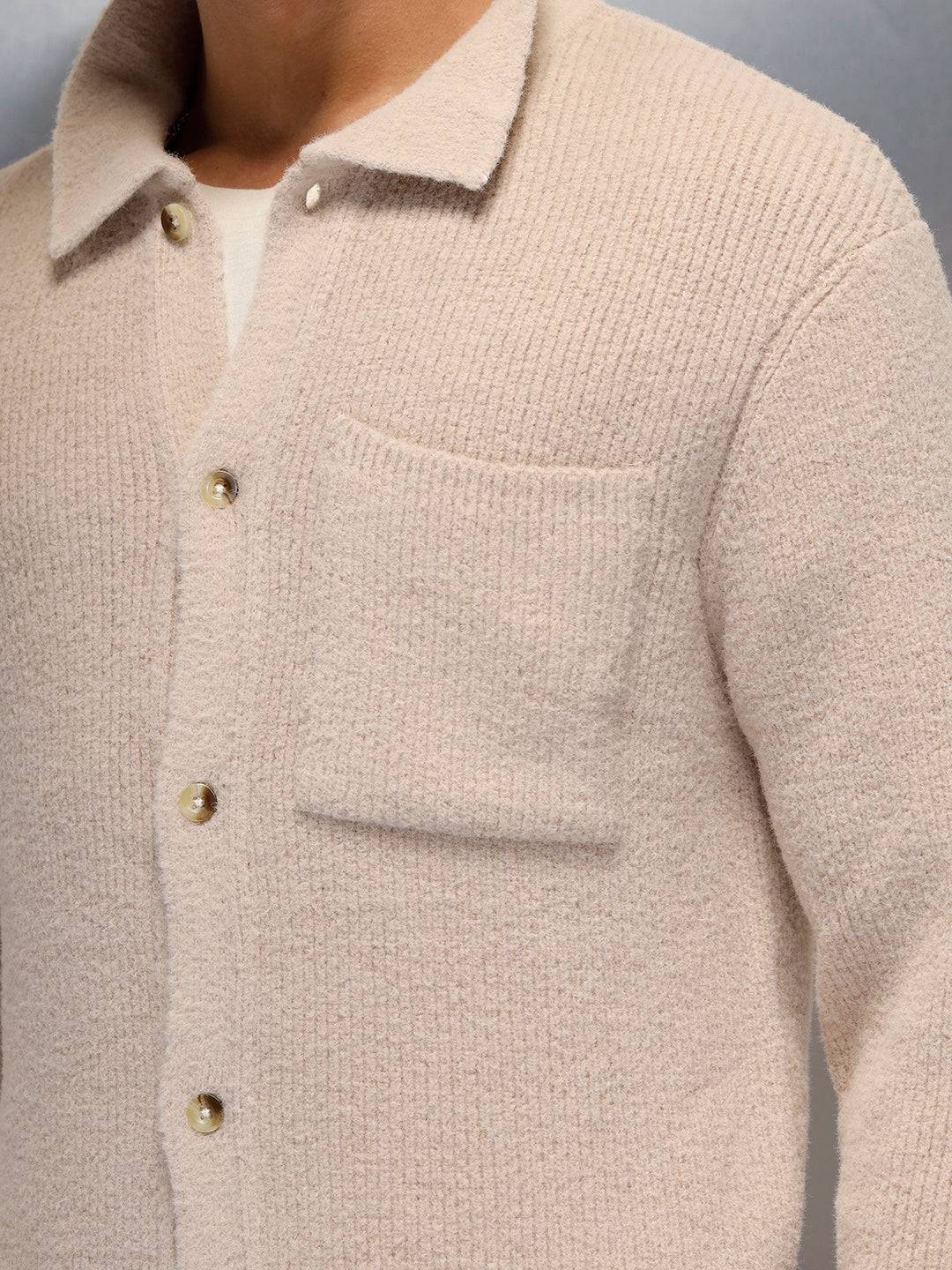 Textured Knit Button-Down Sweater  | Beige