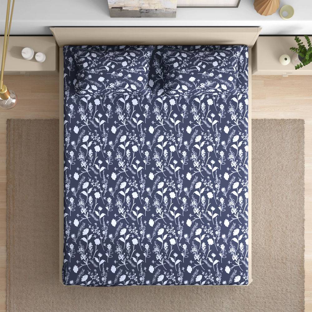 100% Cotton 200 TC Fitted Bedsheet With 2 Pillow Cover I Evelyn (78x72 inch)