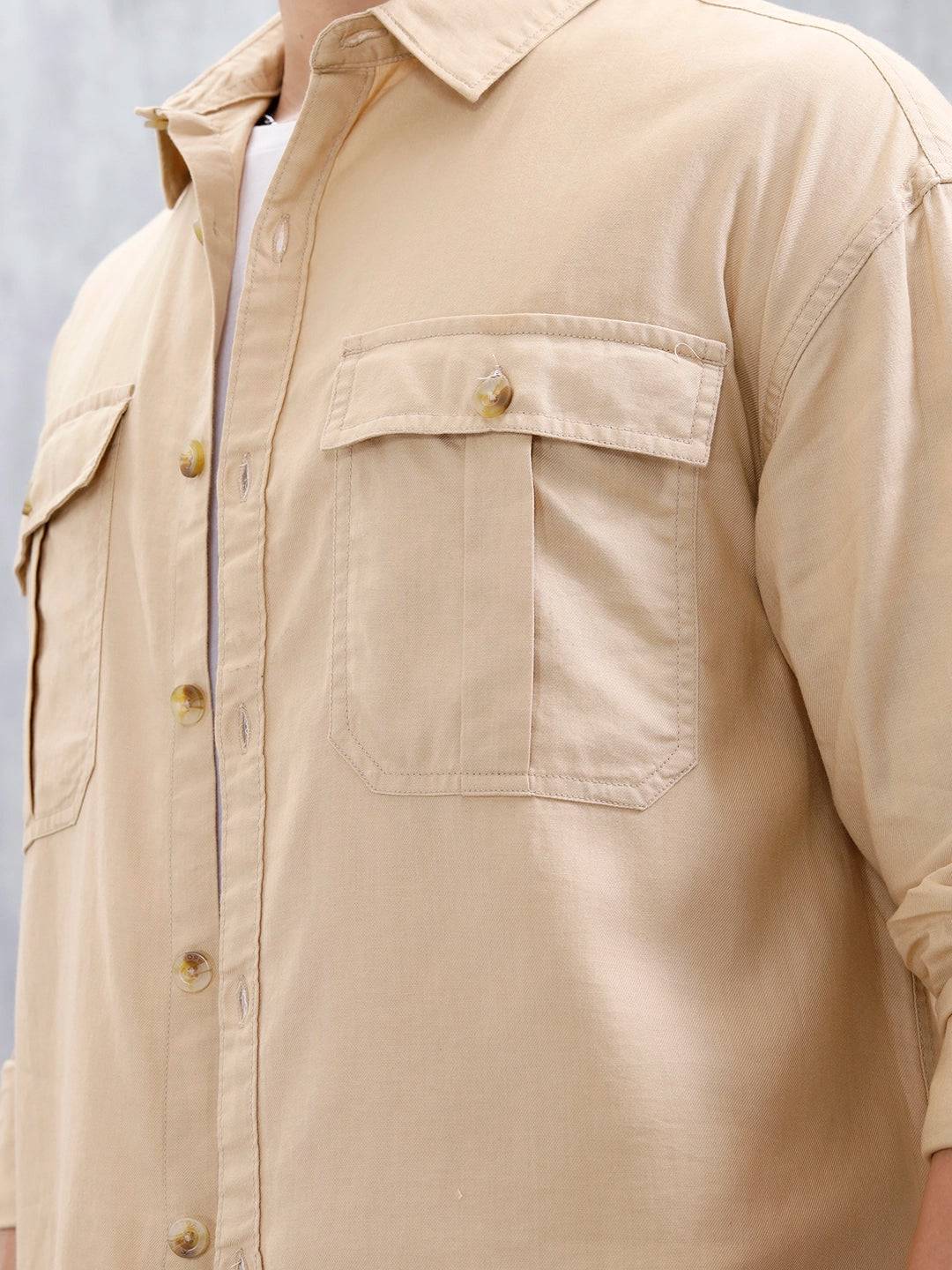 Oversized Fit Solid Shirt With Double Flap Pockets | Beige