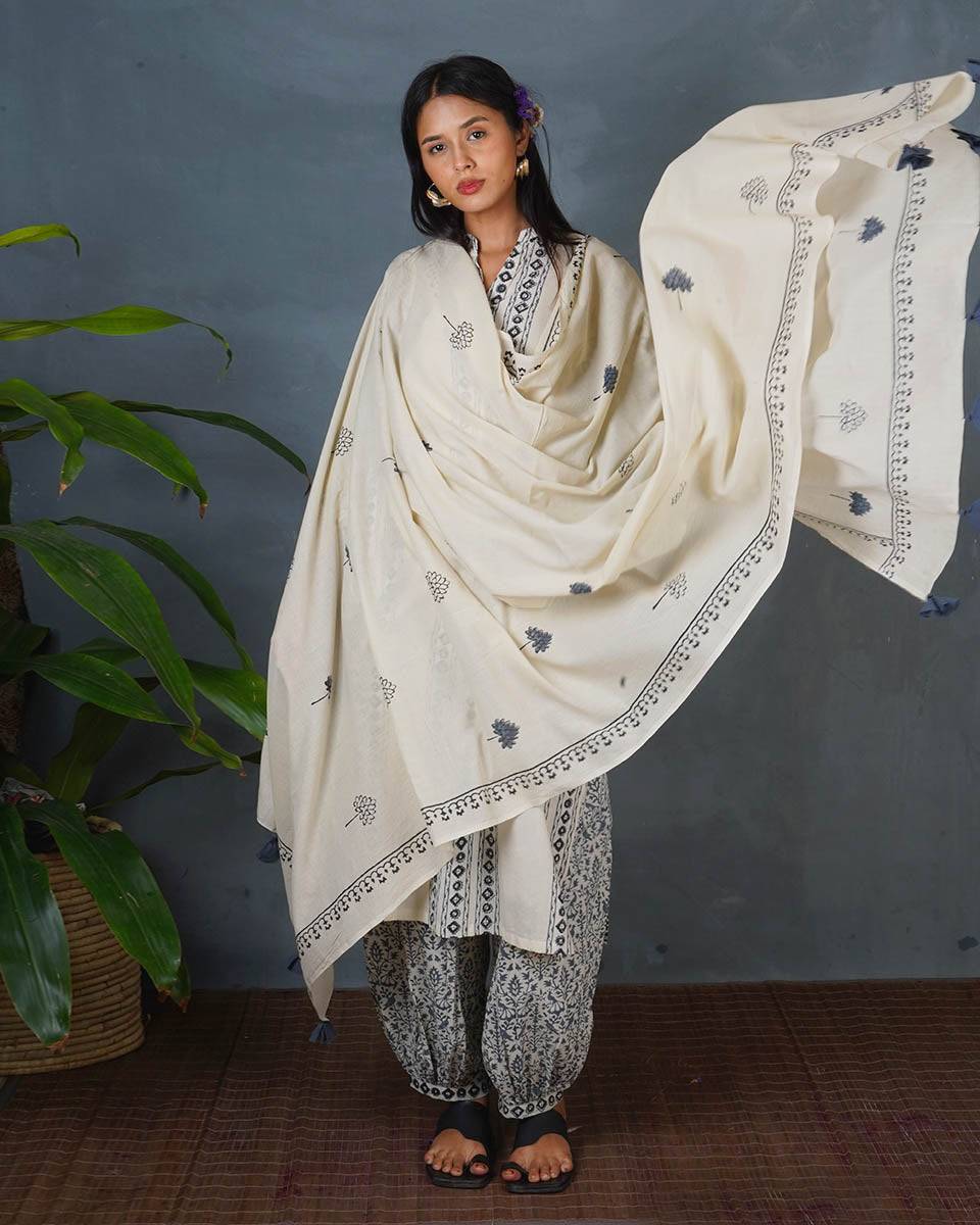Drifting Ash Ivory Block Printed Dupatta - BMS