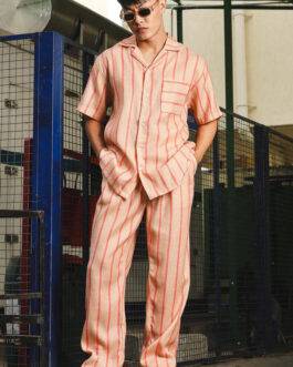 Beige & Orange Linen Blend Casual Relaxed Fit Short Sleeve Shirt & Gurkha Pants Co-Ord Set
