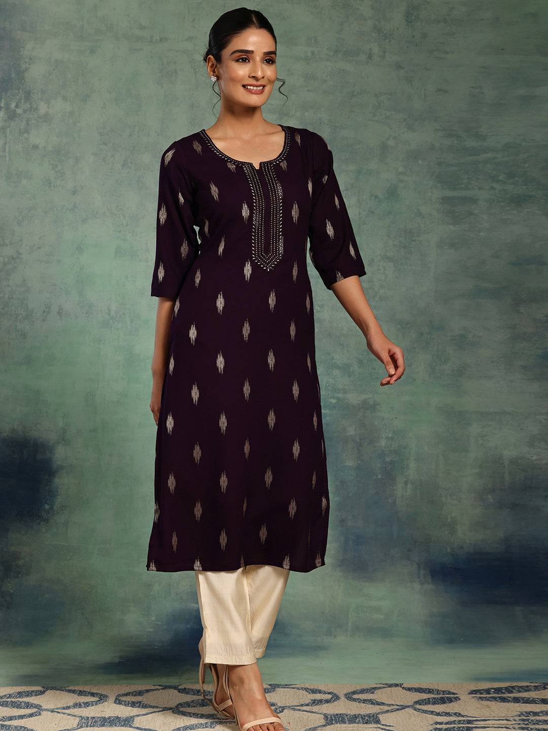 Purple Woven Design Rayon Straight Kurta