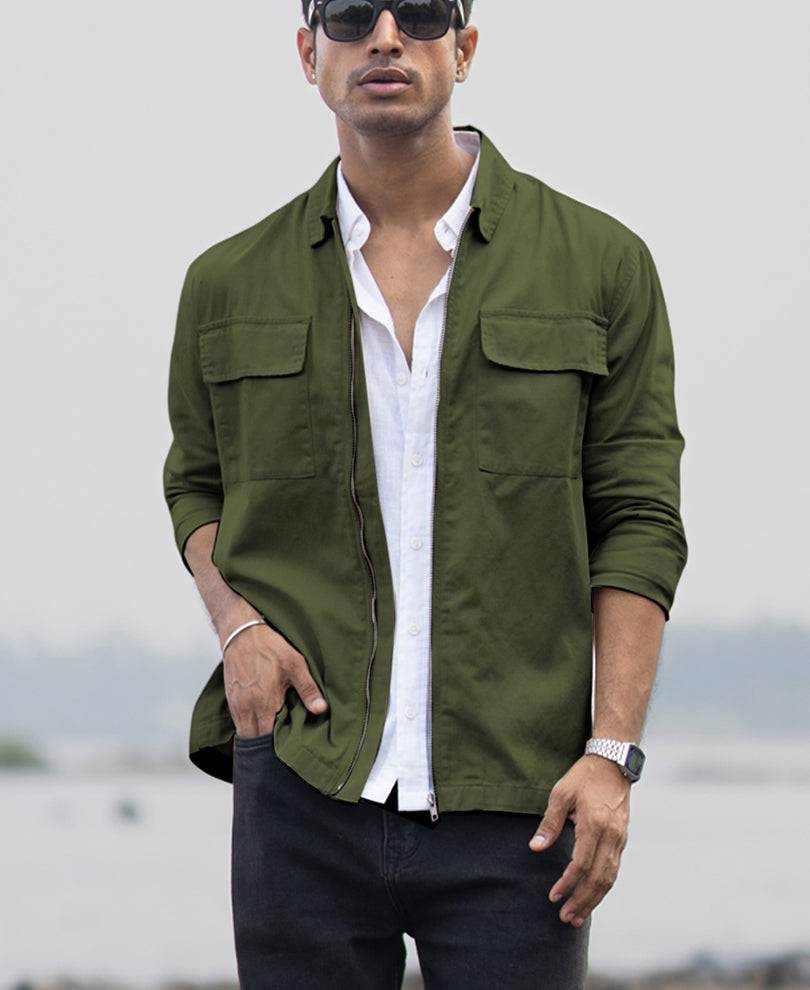 Olive Structured Zipper Overshirt Buy @ ₹1499