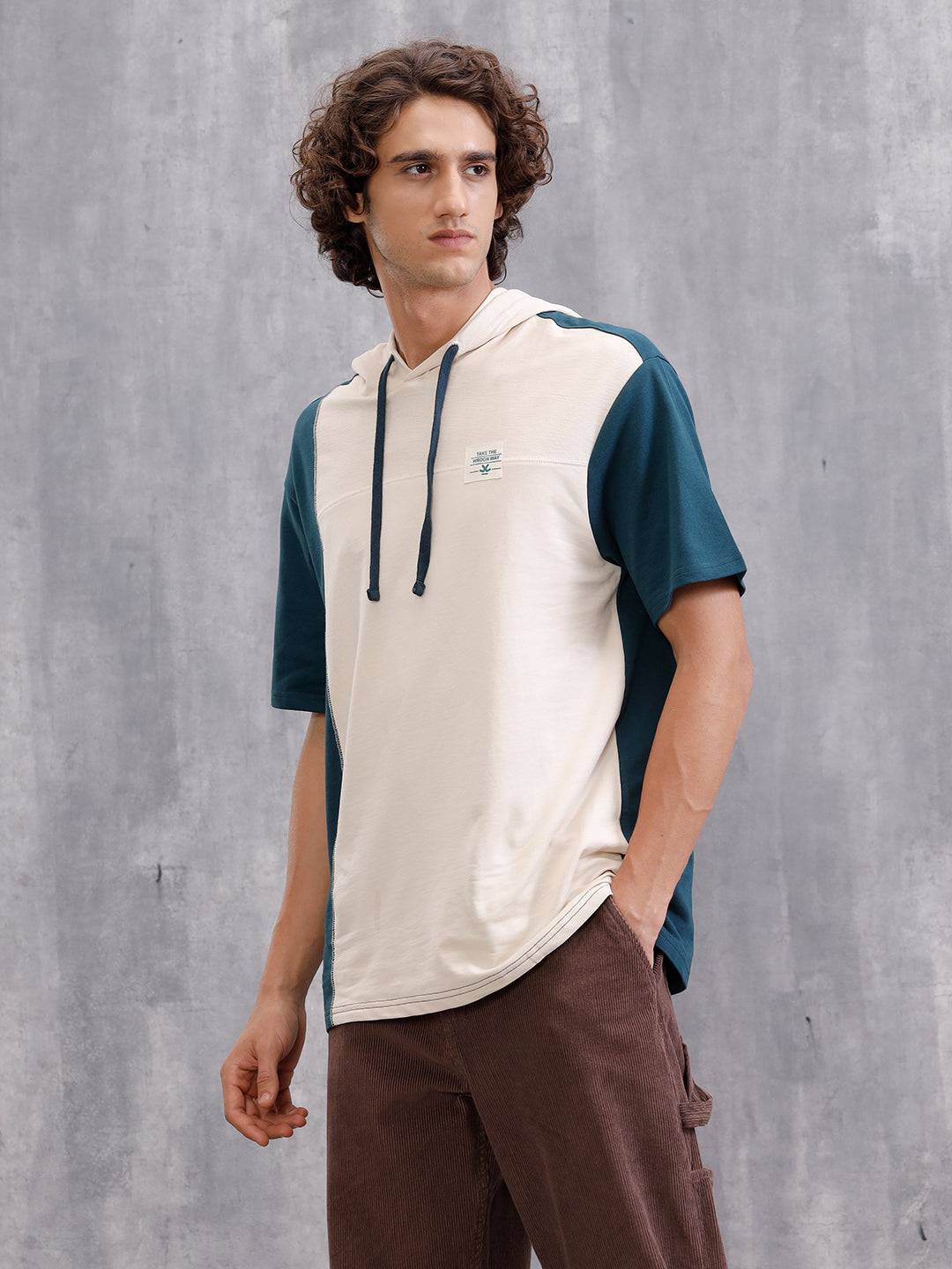 Asymmetrical Colorblocked Textured Hoodie With Printed Canvas Patch | Teal