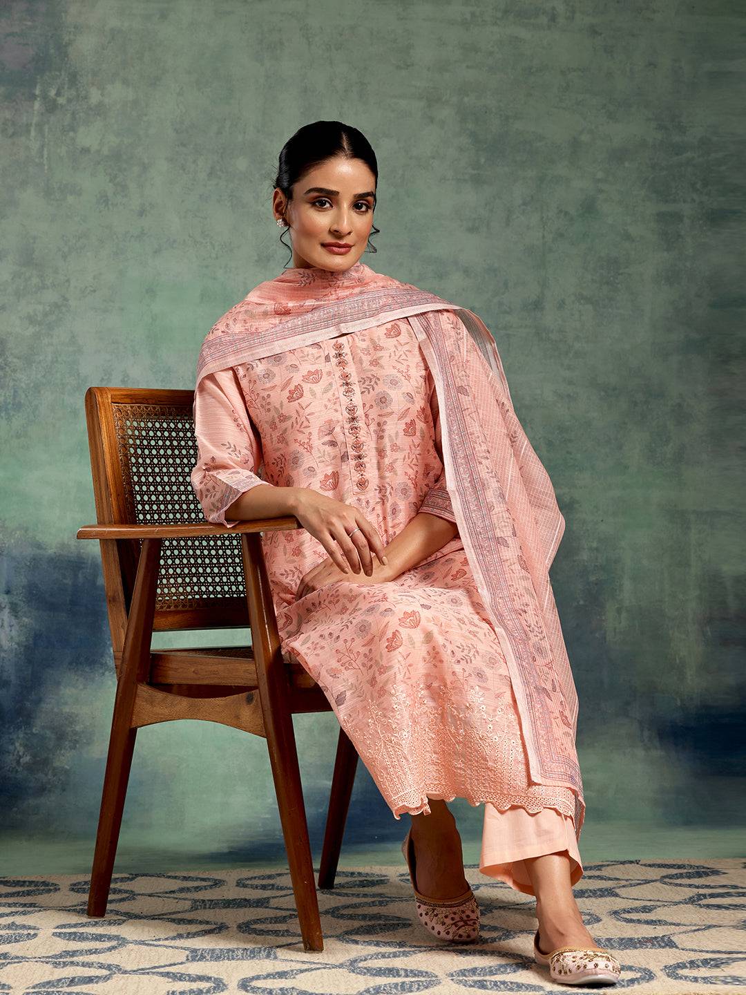 Peach Printed Chanderi Silk Straight Su... Buy only at ₹5499