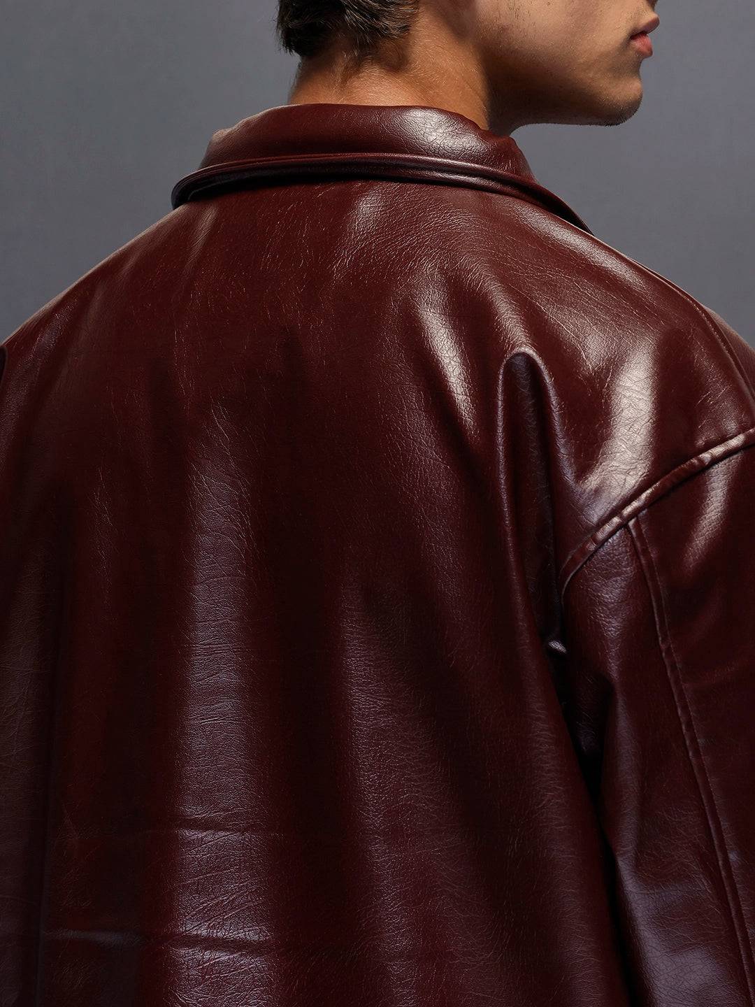 Men's Relaxed Fit Collared Fit PU Jacket  |  Wine