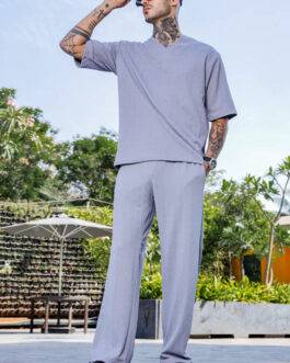 Unisex Grey Textured Oversized V-Neck Tee & Trackpant Co-ord Set