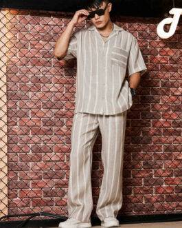 Beige & White Linen Blend Casual Relaxed Fit Short Sleeve Shirt & Gurkha Pants Co-Ord Set