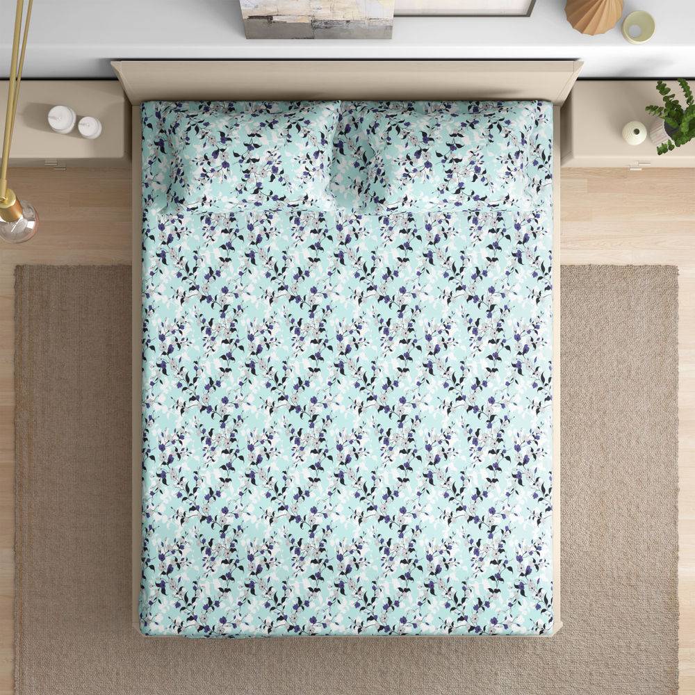200 TC 100% Cotton Floral Queen Size Bedsheet (100x90 Inches) / (2.54m*2.29m) with 2 Pillow Covers Free, Cicely (100x85 inch)