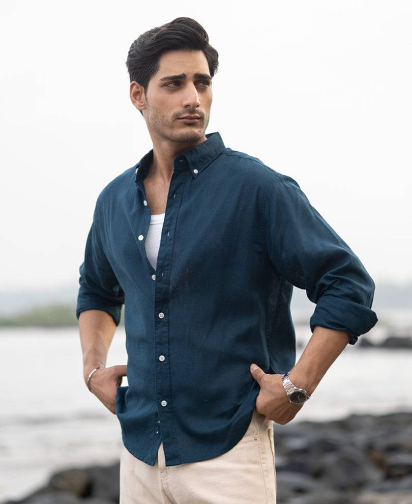 Dark Teal Linen Blend Shirt Buy @ ₹1199
