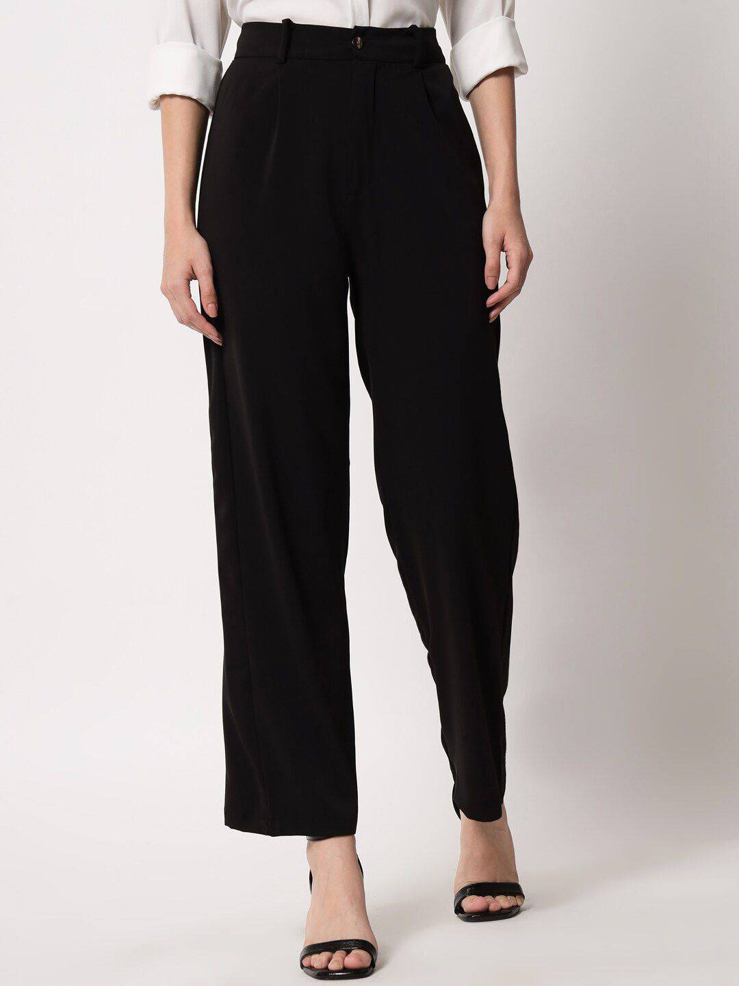KOTTY BIZwear Women Black Relaxed Straight Leg Straight Fit High-Rise Easy Wash Pleated Trousers