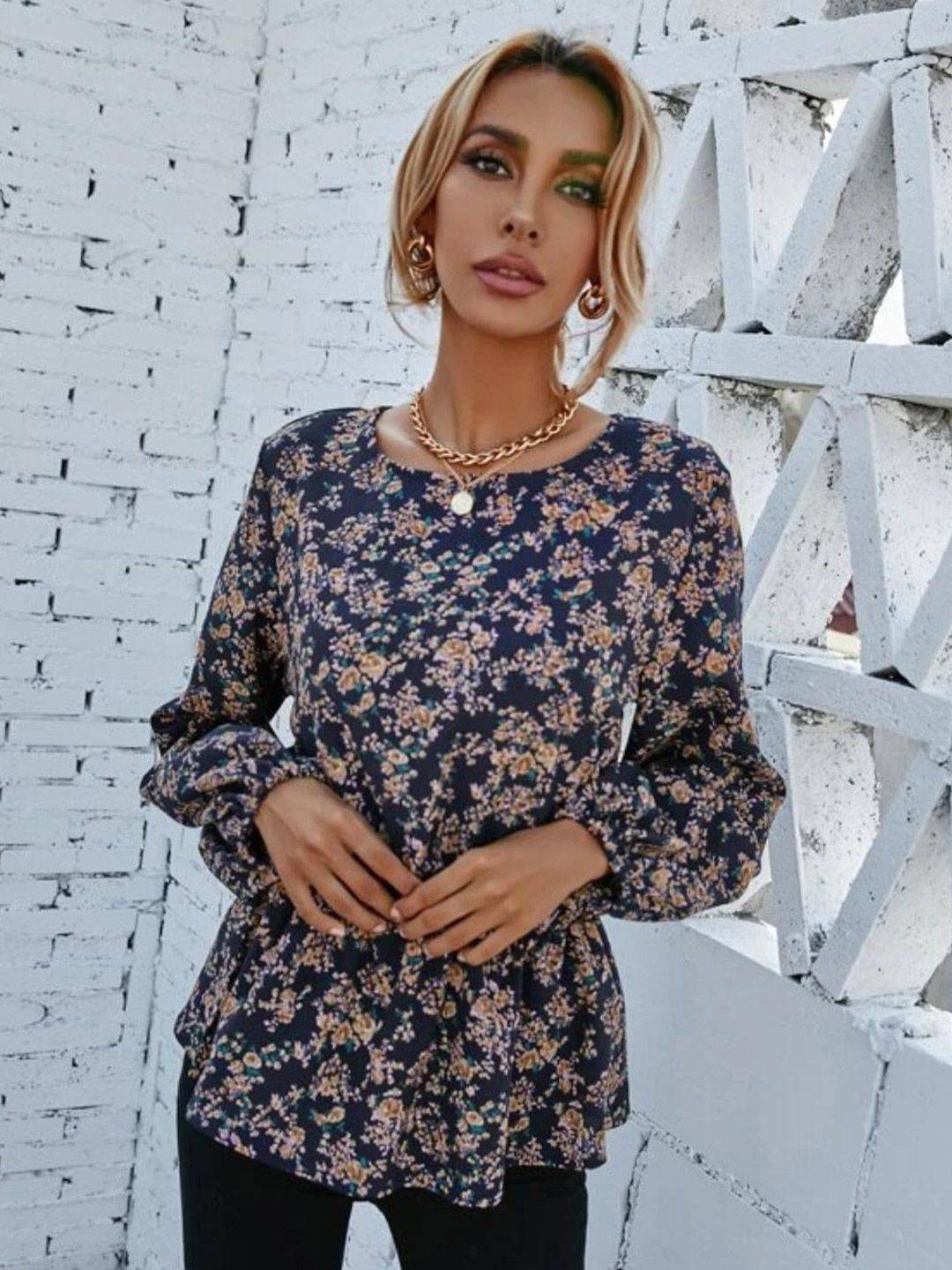Kotty Blue Floral Printed Satin Cinched Waist Top