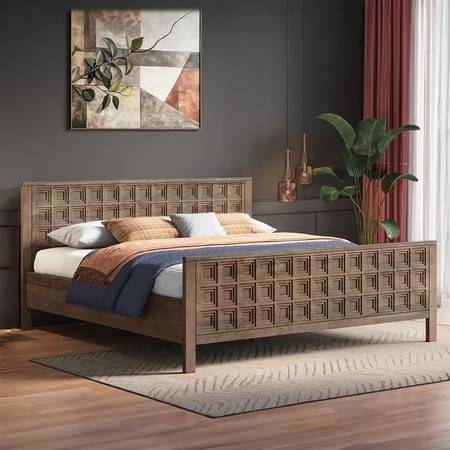 Baori Solid Wood King Size Nonstorage Bed In Danish Walnut Finish