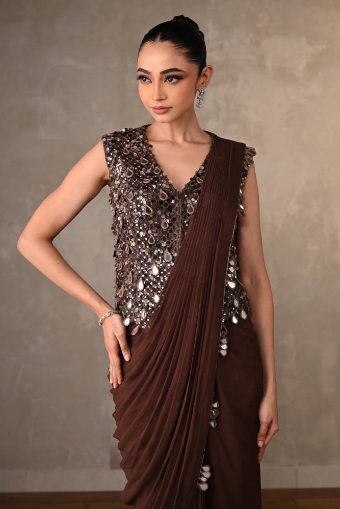 Brown Mirror Work Drape Saree Buy at ₹28495