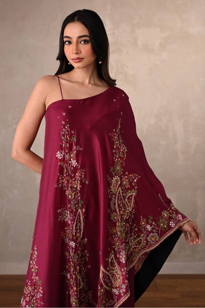 Red Silk One-Shoulder Kurta Set With Embroidered Sharara Buy at ₹17495