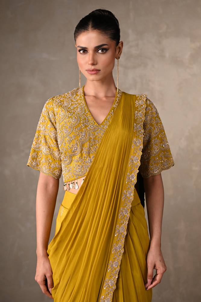 Yellow Embellished Crepe Drape Saree Set Buy at ₹34495