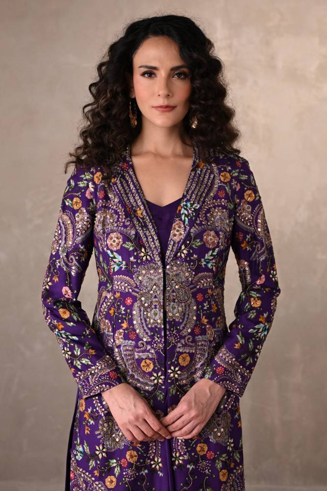Royal Purple Silk Draped Skirt Set With Embroidered Long Jacket Buy at ₹30995