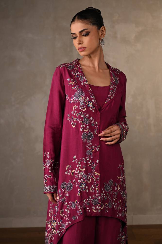 Wine Embellished Silk Co-Ord Set Buy at ₹24495