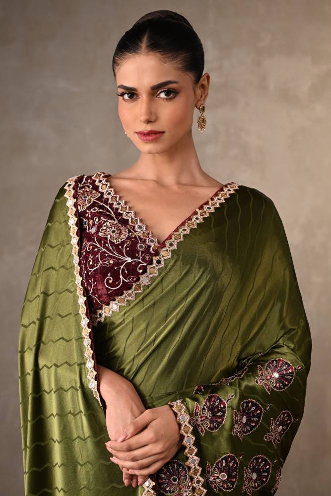 Mehndi Green Satin Mirror Work Saree Set Buy at ₹24995