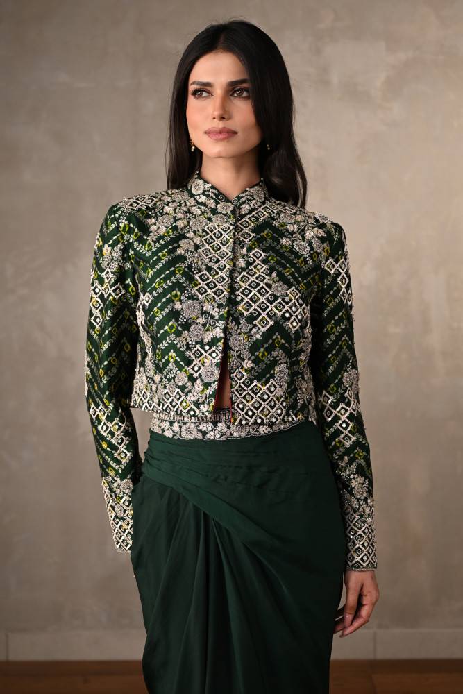 Emerald Embellished Jacket & Draped Skirt Set Buy at ₹28495