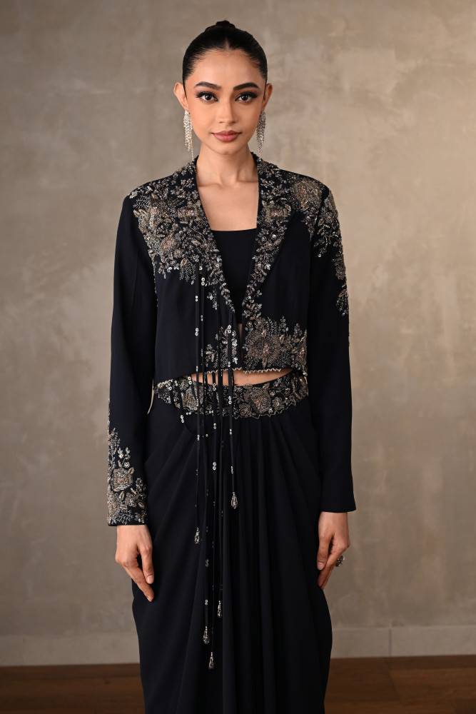 Blue Embroidered Georgette Drape Set With Jacket Buy at ₹24995