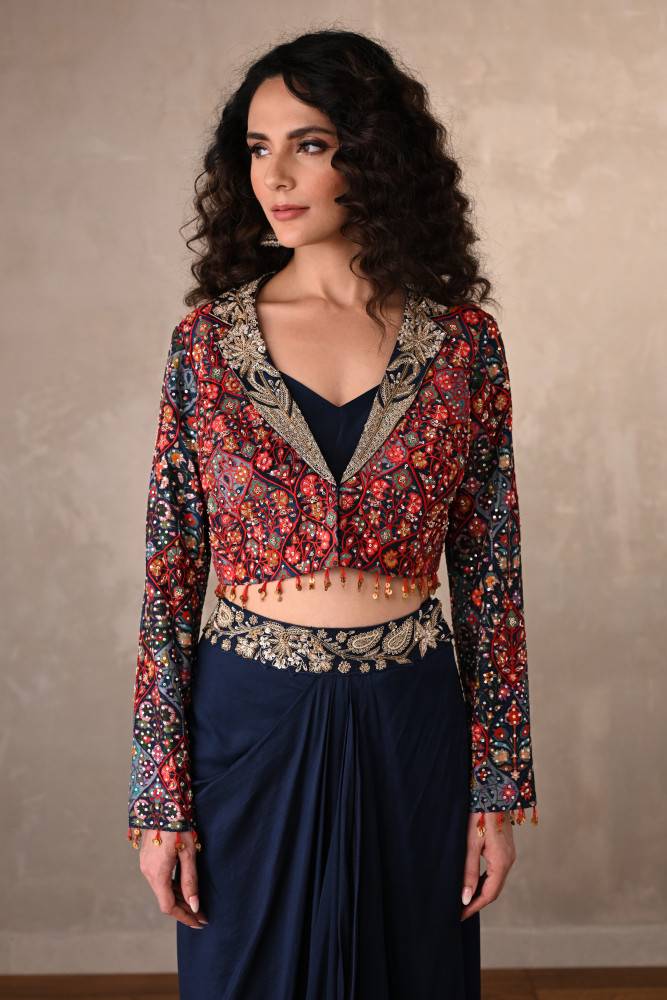 Navy Draped Silk Skirt With Multicolor Embroidered Jacket Buy at ₹28495
