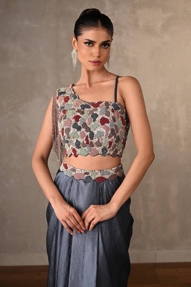 Blue Embellished Asymmetric Satin Co-Ord Set Buy at ₹20995