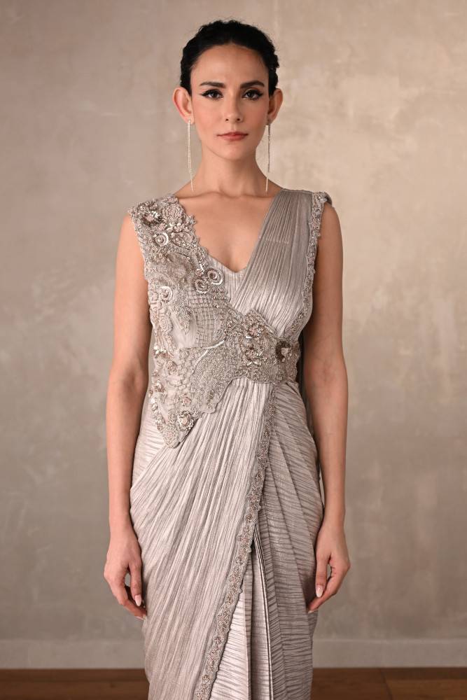 Moonlight Mist Embellished Satin Draped Gown Buy at ₹31495